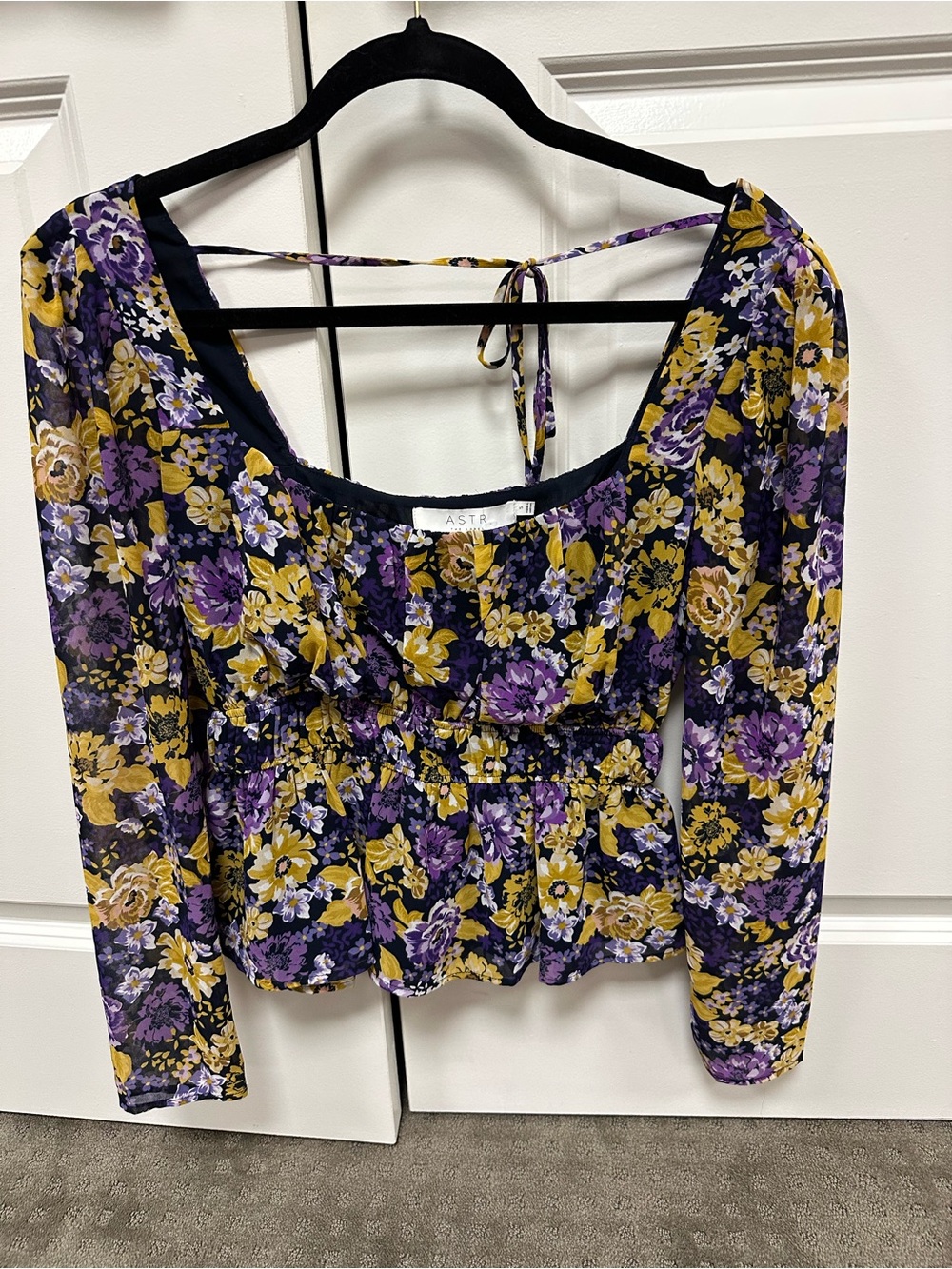 Astr Purple & Yellow Floral Peplum Long Sleeve Top